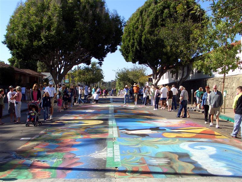 Street covered in chalk paintings