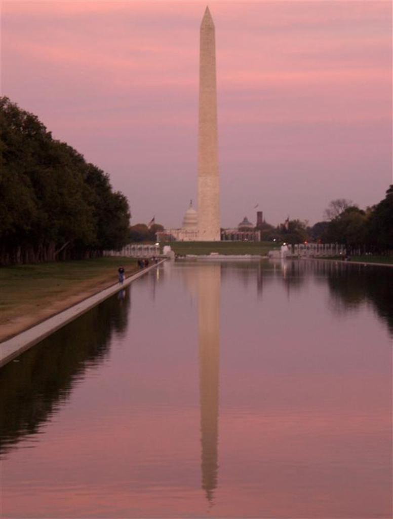 Washington Monument at sunset reflected in Reflecting Pool